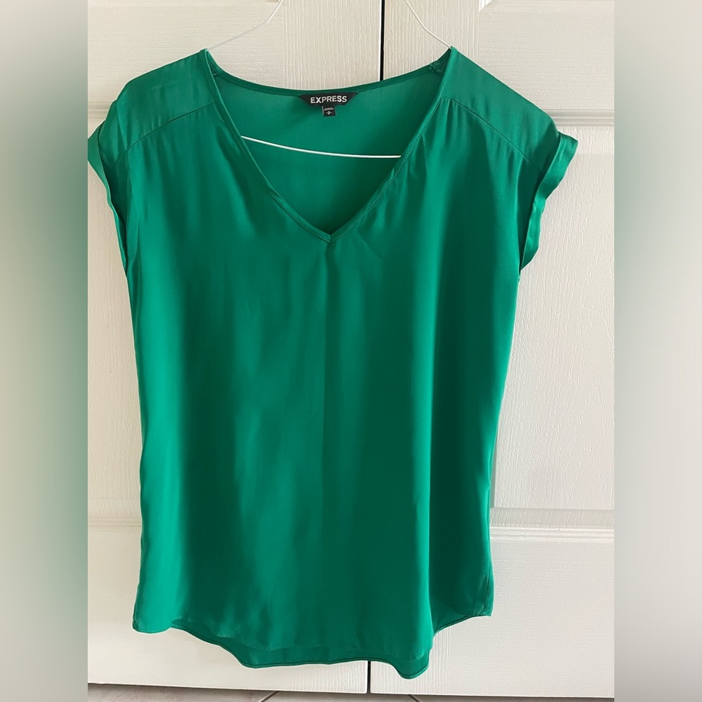 Express Emerald Green V-Neck Short Sleeve Satin Top